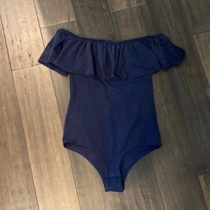 Blue jcrew body suit with off shoulder ruffle top. Size xs